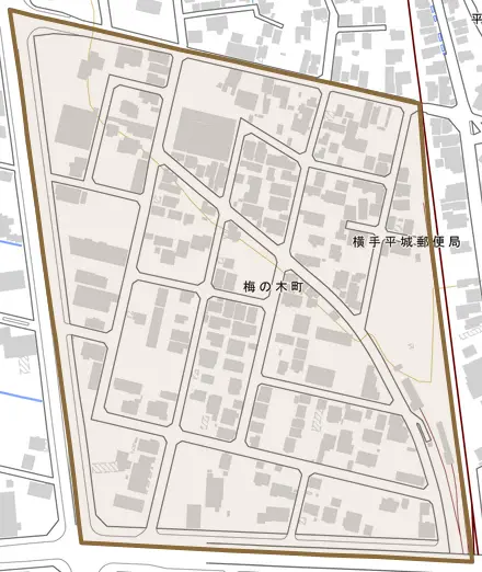 梅の木町とその周辺の地図。町の範囲を重ねている