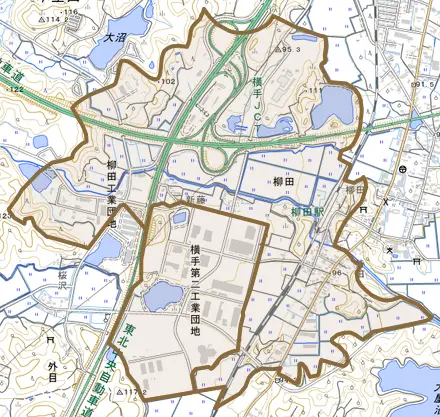 柳田とその周辺の地図。町の範囲を重ねている