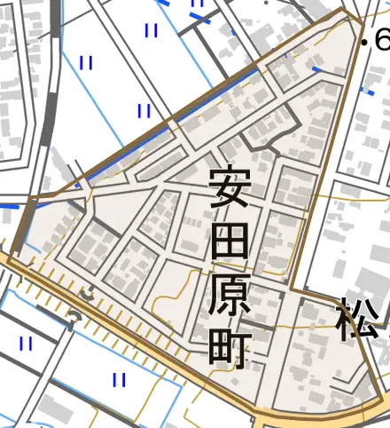 安田原町とその周辺の地図。町の範囲を重ねている