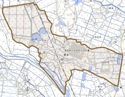 安本とその周辺の地図。町の範囲を重ねている