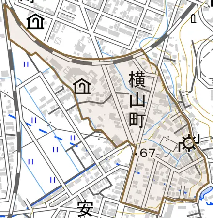 横山町とその周辺の地図。町の範囲を重ねている