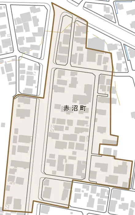 赤沼町とその周辺の地図。町の範囲を重ねている