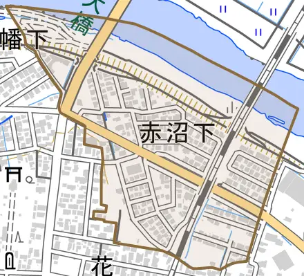 赤沼下とその周辺の地図。町の範囲を重ねている