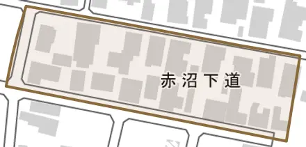 赤沼下道とその周辺の地図。町の範囲を重ねている