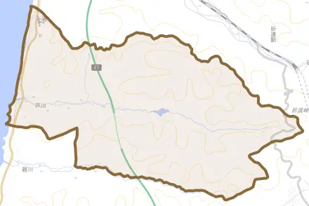 芦川とその周辺の地図。町の範囲を重ねている