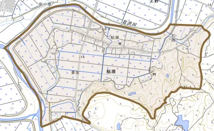 鮎瀬とその周辺の地図。町の範囲を重ねている