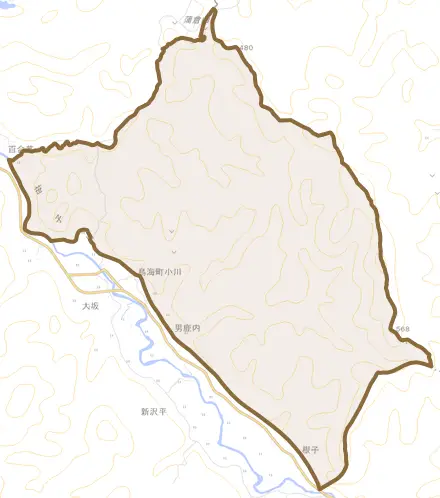 鳥海町小川とその周辺の地図。町の範囲を重ねている
