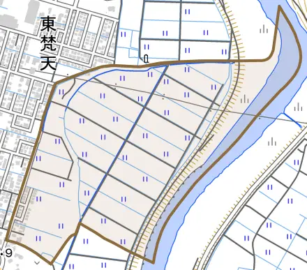 出戸上野とその周辺の地図。町の範囲を重ねている