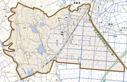 藤崎とその周辺の地図。町の範囲を重ねている