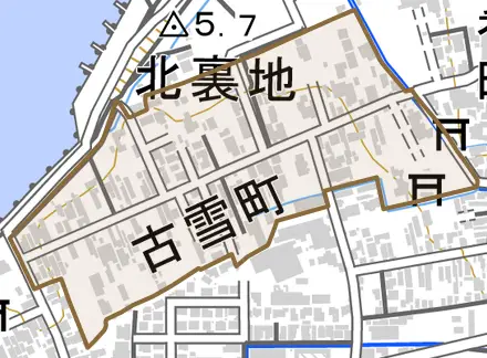 古雪町とその周辺の地図。町の範囲を重ねている