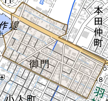 御門とその周辺の地図。町の範囲を重ねている