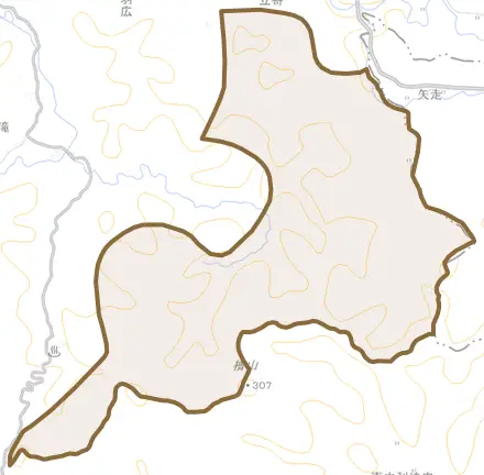 羽広とその周辺の地図。町の範囲を重ねている