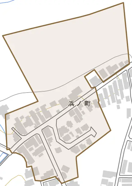 浜ノ町とその周辺の地図。町の範囲を重ねている