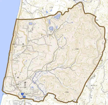 浜三川とその周辺の地図。町の範囲を重ねている