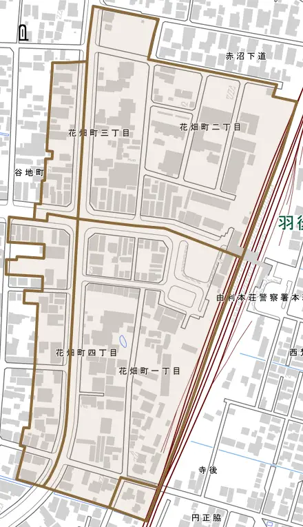 花畑町とその周辺の地図。町の範囲を重ねている