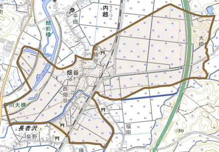畑谷とその周辺の地図。町の範囲を重ねている