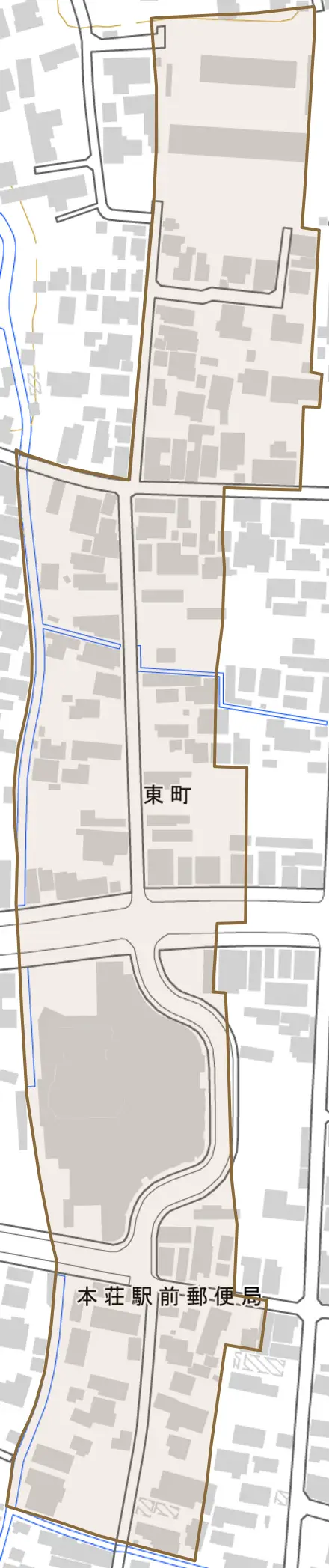 東町とその周辺の地図。町の範囲を重ねている
