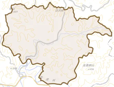 東由利法内とその周辺の地図。町の範囲を重ねている