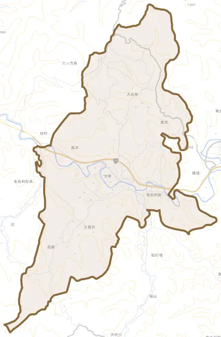 東由利宿とその周辺の地図。町の範囲を重ねている