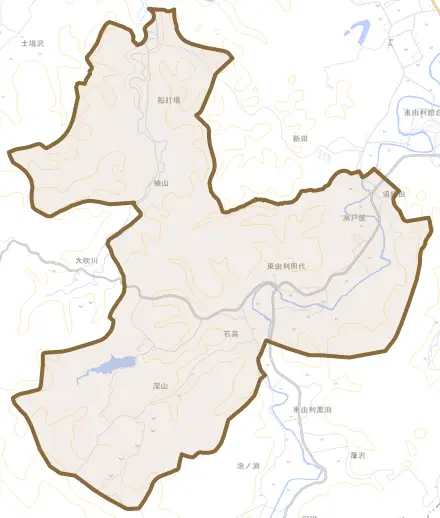 東由利田代とその周辺の地図。町の範囲を重ねている