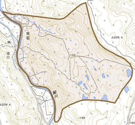平石とその周辺の地図。町の範囲を重ねている