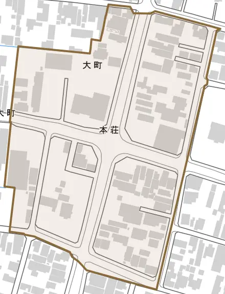 本荘とその周辺の地図。町の範囲を重ねている