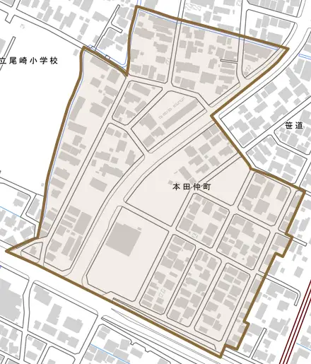 本田仲町とその周辺の地図。町の範囲を重ねている