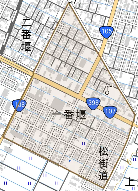 一番堰とその周辺の地図。町の範囲を重ねている