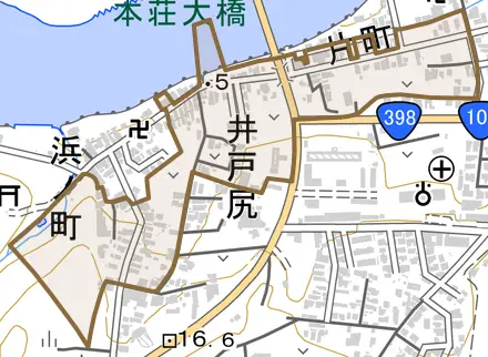 井戸尻とその周辺の地図。町の範囲を重ねている