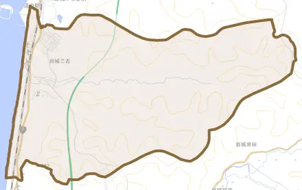 岩城二古とその周辺の地図。町の範囲を重ねている