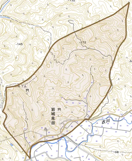 岩城泉田とその周辺の地図。町の範囲を重ねている