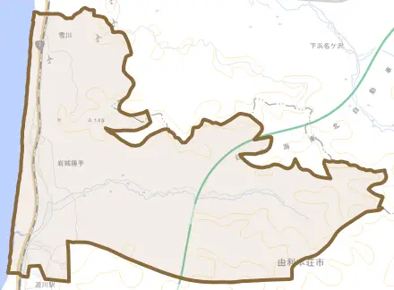 岩城勝手とその周辺の地図。町の範囲を重ねている