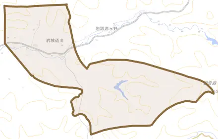 岩城道川とその周辺の地図。町の範囲を重ねている