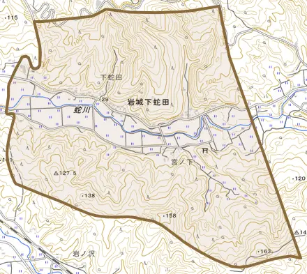 岩城下蛇田とその周辺の地図。町の範囲を重ねている