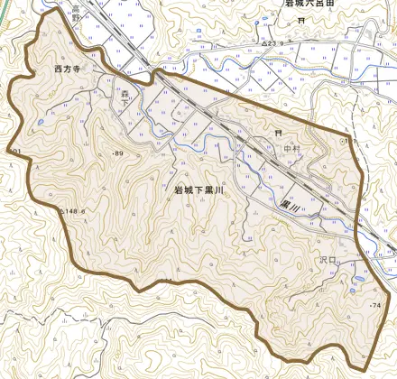 岩城下黒川とその周辺の地図。町の範囲を重ねている
