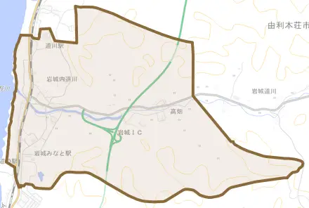 岩城内道川とその周辺の地図。町の範囲を重ねている