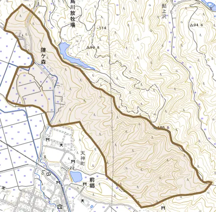 陳ケ森とその周辺の地図。町の範囲を重ねている