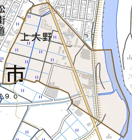 上大野とその周辺の地図。町の範囲を重ねている