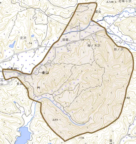 金山とその周辺の地図。町の範囲を重ねている