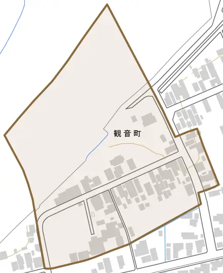 観音町とその周辺の地図。町の範囲を重ねている