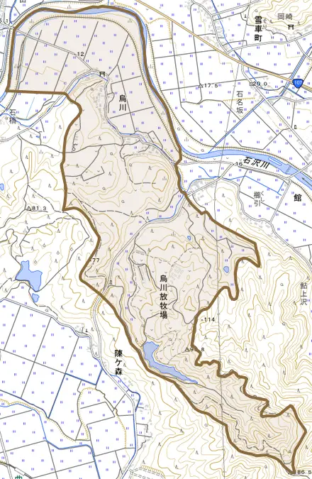 烏川とその周辺の地図。町の範囲を重ねている