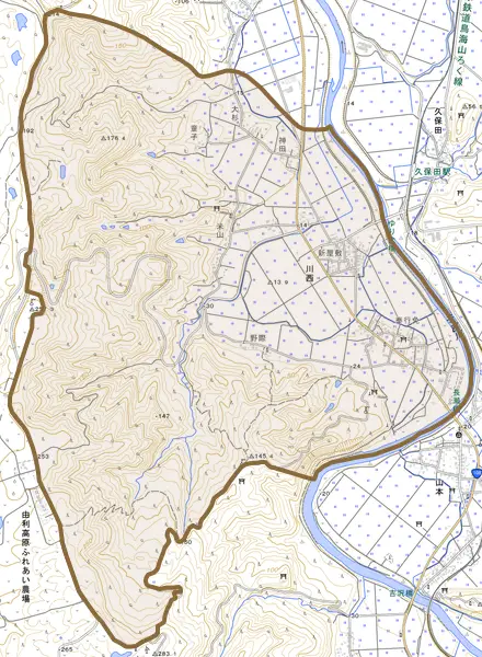 川西とその周辺の地図。町の範囲を重ねている