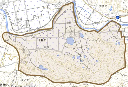 北福田とその周辺の地図。町の範囲を重ねている