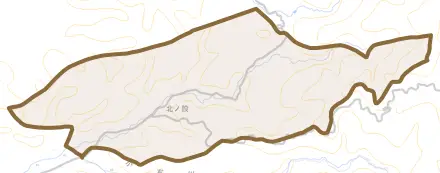 北ノ股とその周辺の地図。町の範囲を重ねている