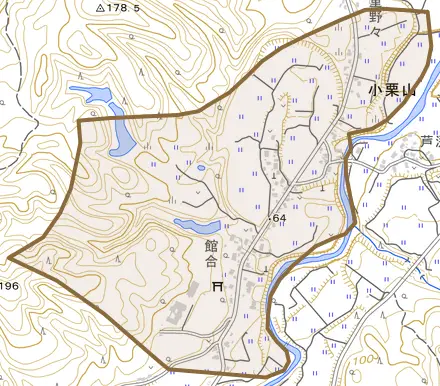 小栗山とその周辺の地図。町の範囲を重ねている