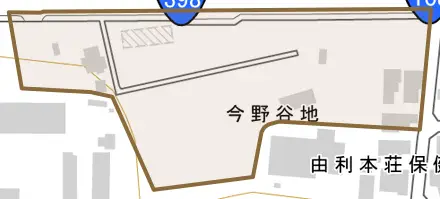 今野谷地とその周辺の地図。町の範囲を重ねている