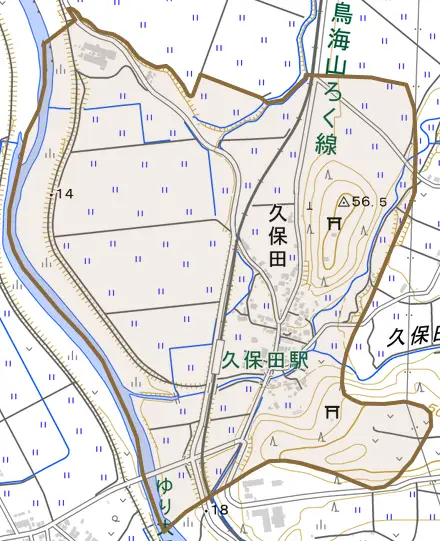 久保田とその周辺の地図。町の範囲を重ねている