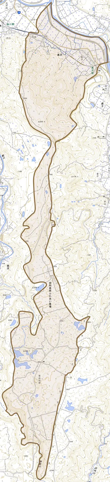 黒沢とその周辺の地図。町の範囲を重ねている