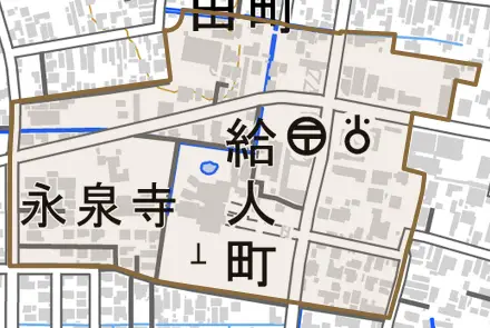 給人町とその周辺の地図。町の範囲を重ねている