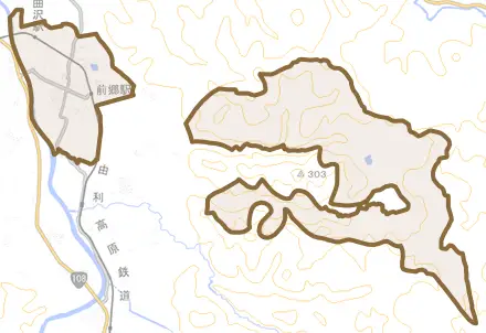 前郷とその周辺の地図。町の範囲を重ねている